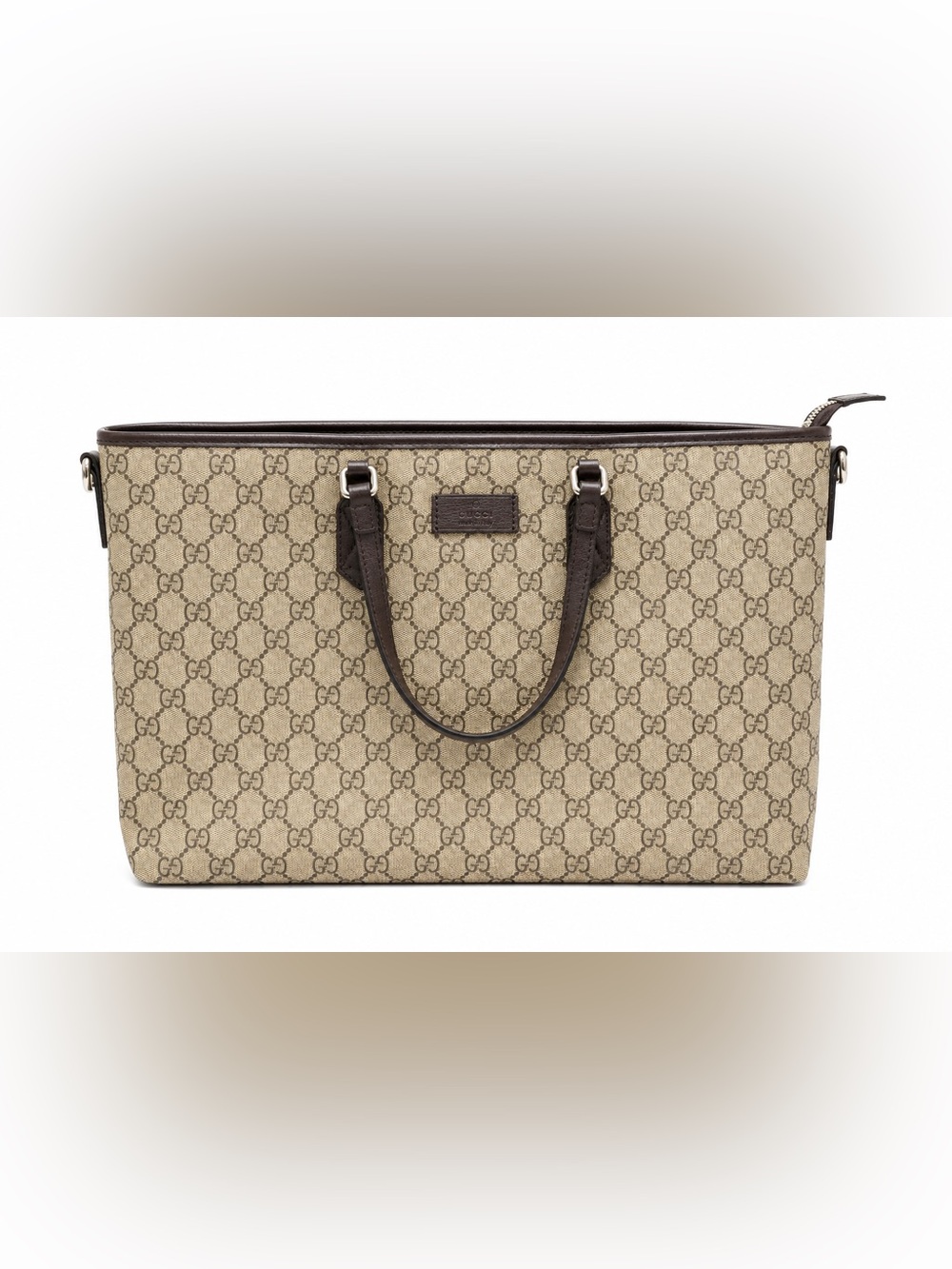 Gucci GG Supreme Large Tote Bag Beige/Ebony Brown Leather 410748 Made in Italy